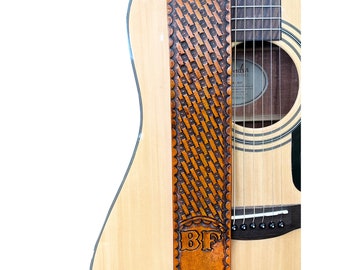 Tooled Basket Weave Personalized Leather Guitar Strap | Custom Guitar Strap | Vintage Style Acoustic Guitar Strap | 3rd Anniversary Gifts