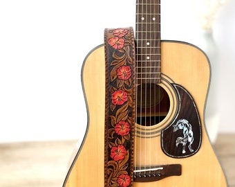 Reddish Orange Hibiscus Flower Floral Leather Guitar Strap - Hand Tooled & Adjustable - 2.5" Wide