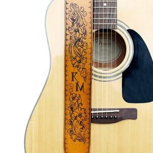 Engraved Floral Leather Guitar Strap | Personalized Guitar Strap with Custom Initials | Unique Guitar Accessories | Electric & Acoustic Gift