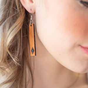 Southwestern Leather Bar Earrings - Rectangle Thin Earrings - Long Leather Earrings - Painted Turquoise Tooled Leather Jewelry