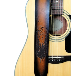Engraved Mountain Leather Guitar Strap | Electric or Acoustic Guitar Strap | Guitar Accessories | 3rd Anniversary Gifts for Him or Her