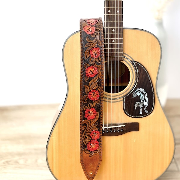 Reddish Orange Hibiscus Flower Floral Leather Guitar Strap - Hand Tooled & Adjustable - 2.5" Wide