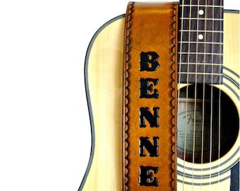 Personalized Tan Leather Guitar Strap- 2.5” Wide,  Hand Painted & Adjustable - For Acoustic or Electric Guitars