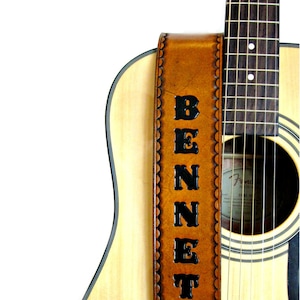 Personalized Tan Leather Guitar Strap- 2.5” Wide,  Hand Painted & Adjustable - For Acoustic or Electric Guitars