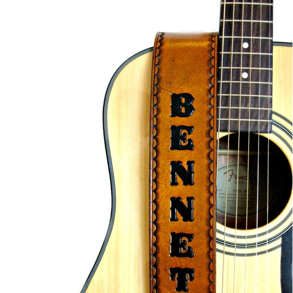 Personalized Tan Leather Guitar Strap- 2.5” Wide,  Hand Painted & Adjustable - For Acoustic or Electric Guitars