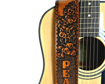 Hibiscus Flower Leather Guitar Strap, Personalized Guitar Strap, Flowers Strap, Hand Tooled Leather Guitar Strap