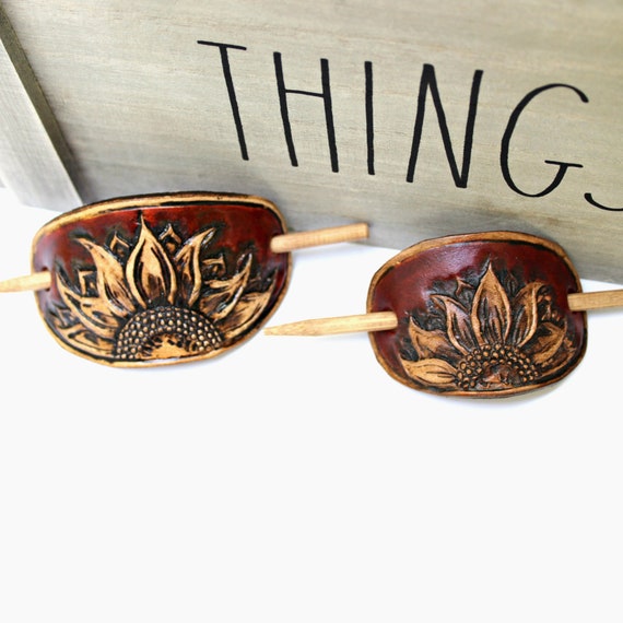 Tooled Sunflower Leather Hair Barrette - Leather Hair Slide