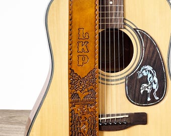 River in the Mountain Leather Guitar Strap, Hand Tooled Woods, Pond, and Moose Personalized Guitar Strap GRS003