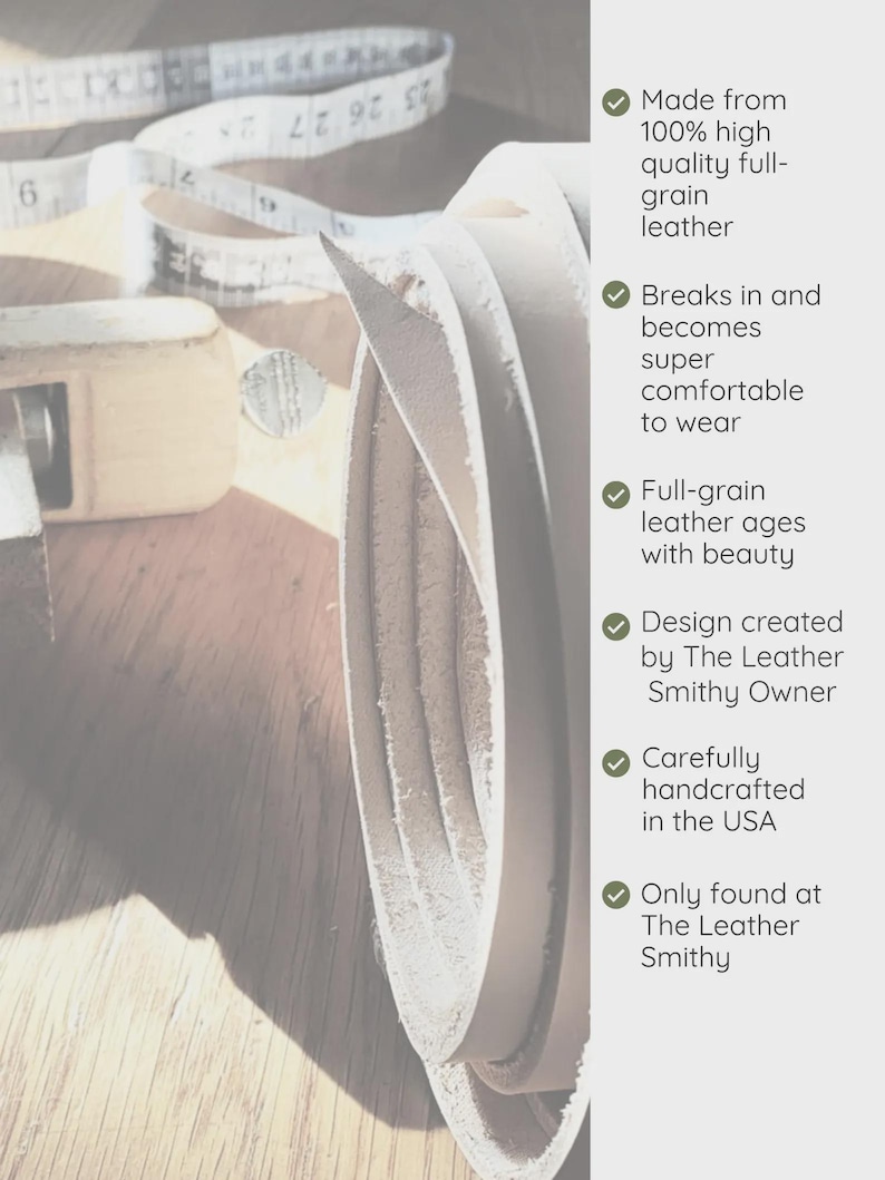 May include: Close-up of a light tan leather product with a measuring tape and a tool on a wooden surface. The text on the right side of the image states the product is made from high-quality full-grain leather and handcrafted in the USA.