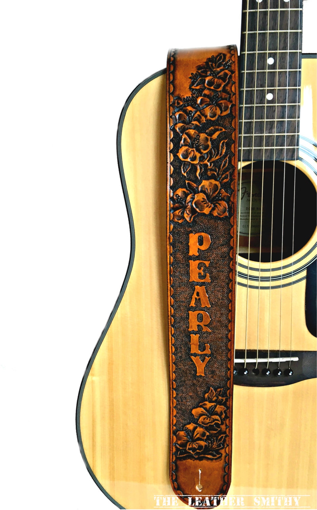 Hibiscus Flower Leather Guitar Strap, Personalized Guitar Strap