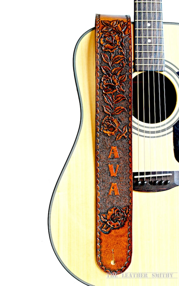 Personalized Roses Leather Guitar Strap 2.5 Wide, Hand Tooled & Adjustable  for Acoustic or Electric Guitars 