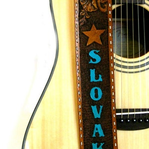 Personalized Western Leather Guitar Strap, Hand Tooled and Painted Tan Guitar Strap, Handmade Guitar Strap, Guitar Accessories