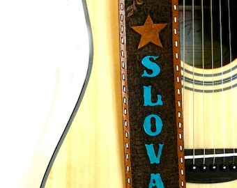 Personalized Western Leather Guitar Strap, Hand Tooled and Painted Tan Guitar Strap, Handmade Guitar Strap, Guitar Accessories