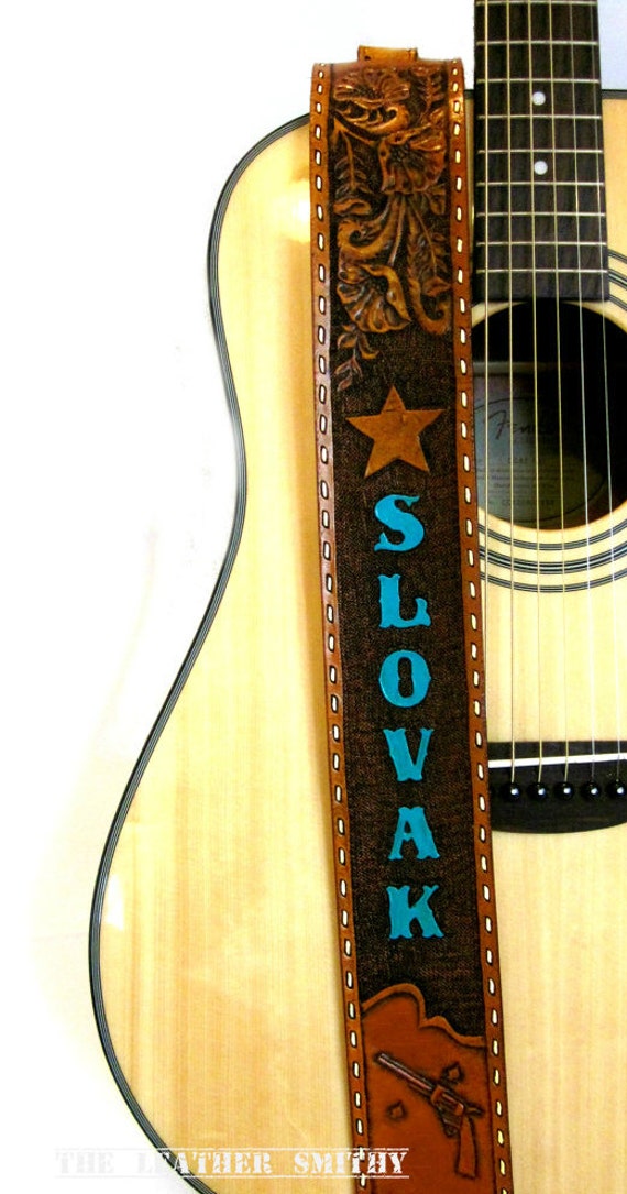 Personalized Western Leather Guitar Strap, Hand Tooled and Painted