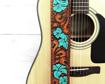 Turquoise Lily Flower Leather Guitar Strap - Hand Tooled & Adjustable - 2.5" Wide