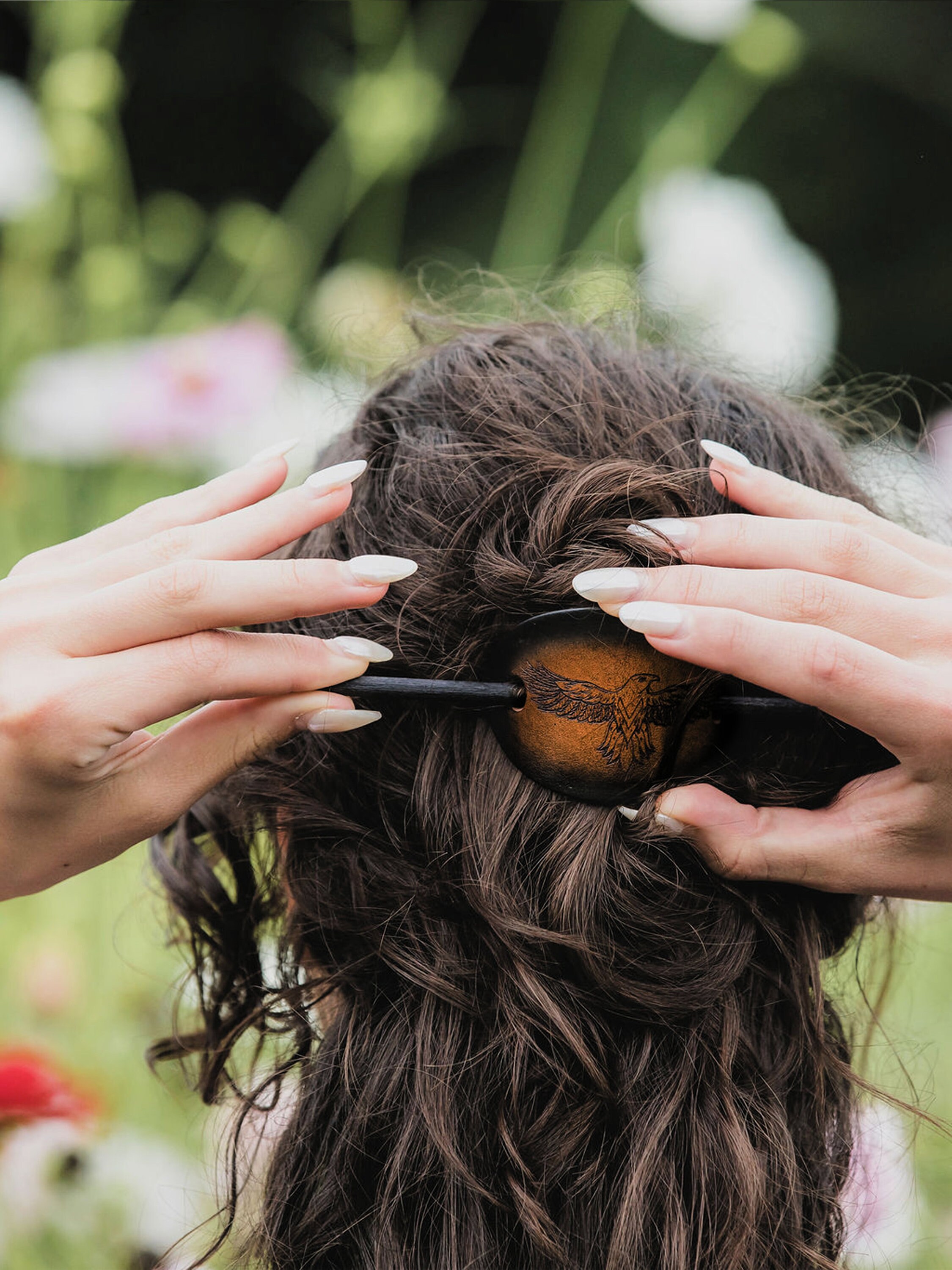 Handcrafted Leather Hair Clip with Embossed Eagle and Engraved Wooden Hair Stick Handmade Wood Engraved Hair Clip – REVEL SUN main image 3