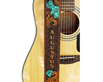 Personalized Lily Flower Leather Guitar Strap - Hand Tooled & Adjustable - 2.5" Wide