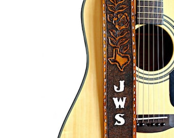 Personalized Western Roses with TX Adjustable Hand Tooled and Painted Leather Guitar Strap - 2.5" wide for Acoustic or Electric Guitars