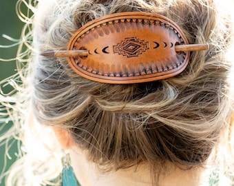 Hand Tooled Western Leather Hair Barrette - Leather Hair Slide with Stick - Hair Pin Accessories for Her