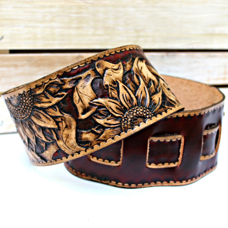 Tooled Sunflower Leather Guitar Strap - Floral Guitar Strap - Electric or Acoustic Guitar Straps - Two Toned Leather Guitar Gifts image 7