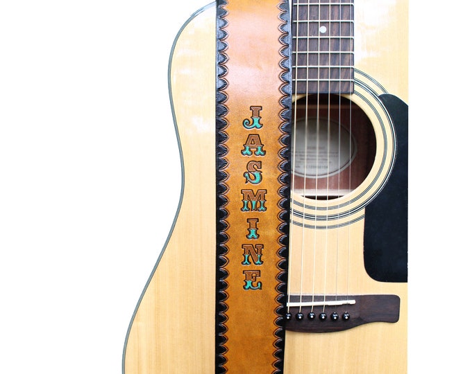 Western Personalized Leather Guitar Strap | Tooled Black Border Hand Painted Tan Leather Guitar Straps for Acoustic & Electric Guitars