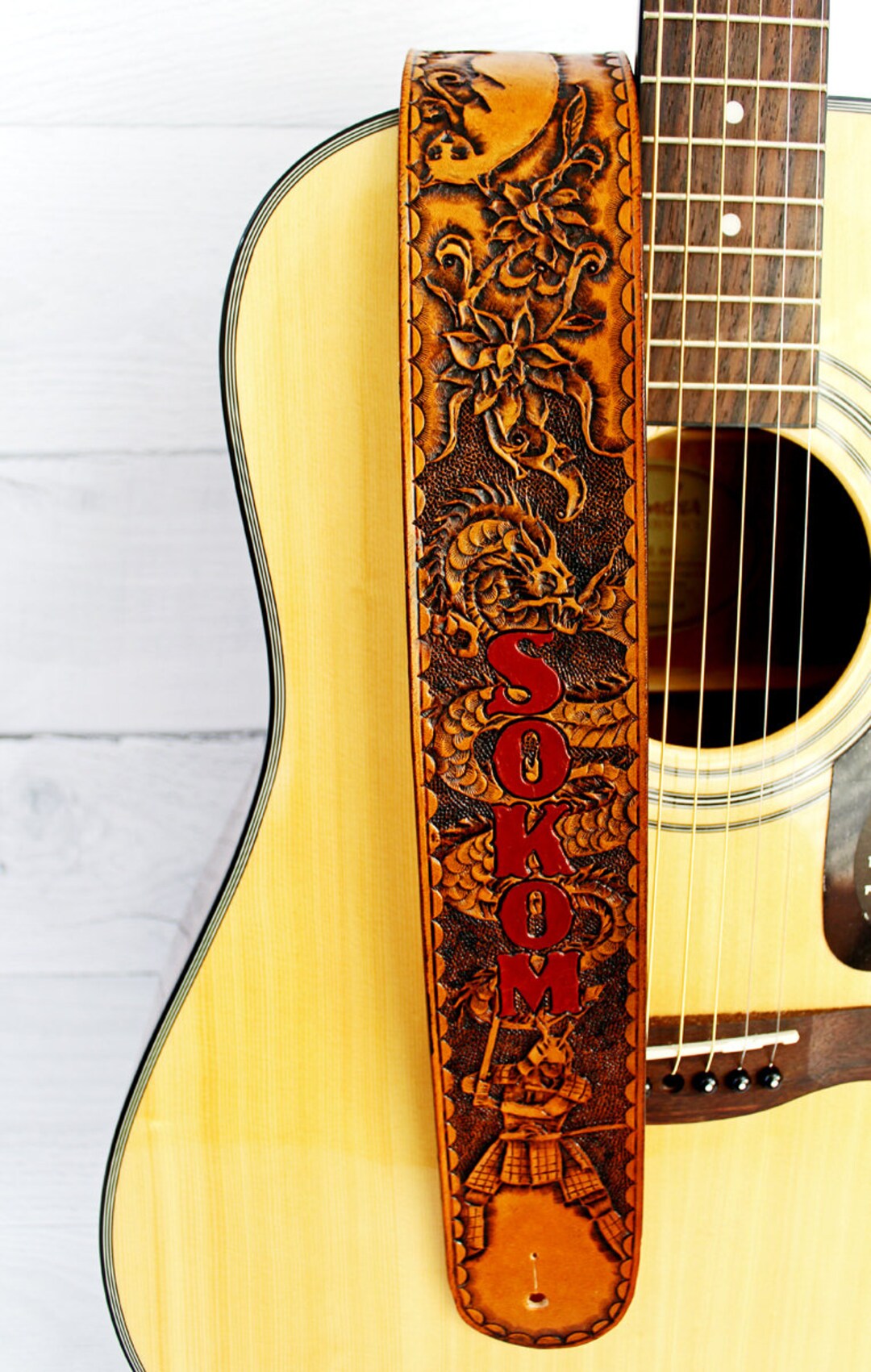 Samurai & Dragon Personalized Full-grain Leather Guitar Strap