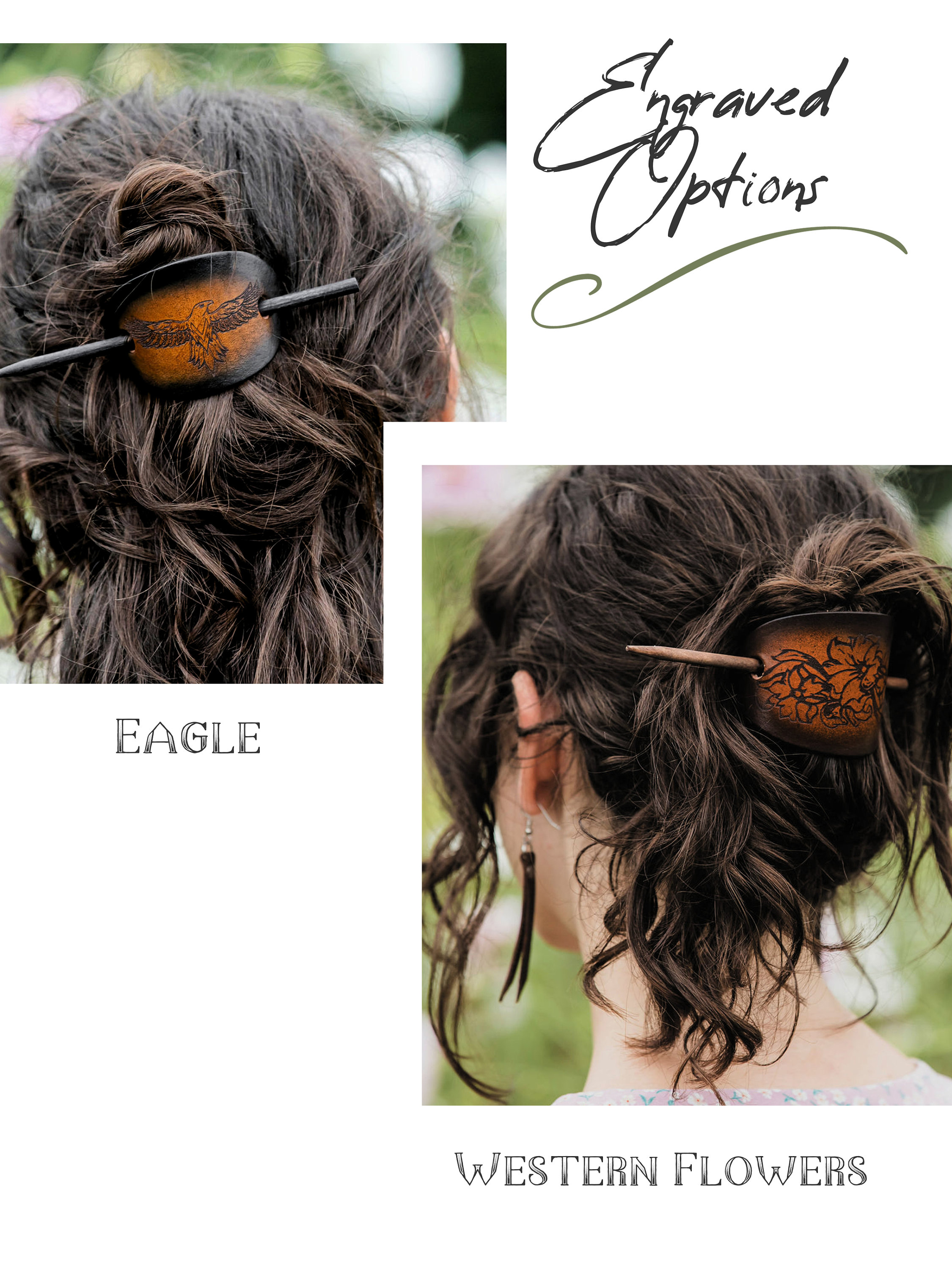 Handcrafted Leather Hair Clip with Embossed Eagle and Engraved Wooden Hair Stick Engraved Leather Hair Barrette | Western Flower Hair Pins  main image 3