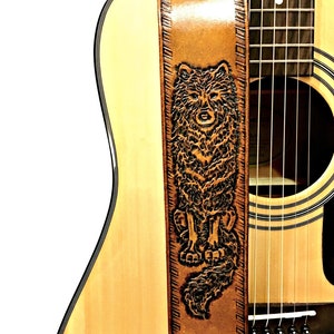 Alpha Wolf Leder-Gitarrengurt, verstellbarer Gitarrengurt für E- oder Akustische Gitarre, Wolf-Geschenke für Männer oder Frauen