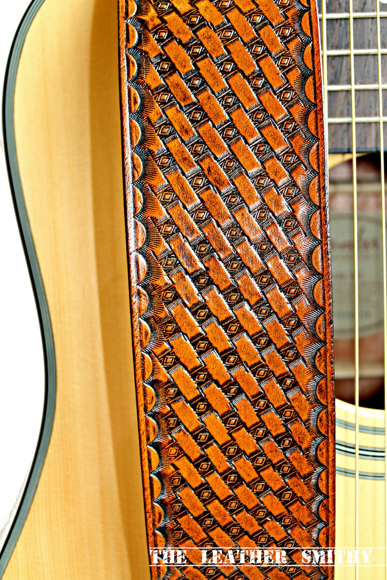 Hand Stamped Traditional Basket Weave Tan Leather Guitar Strap Etsy
