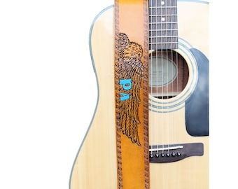 Tooled Bald Eagle Personalized Leather Guitar Strap | Full-Grain Leather Eagles Strap for Acoustic or Electric Guitars