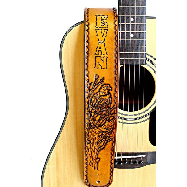 Personalized Guitar Strap with Eagle, Custom Hand Tooled Leather Guitar Strap for Acoustic or Electric Guitars, 2.5" Wide