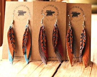 Boho Tooled Leather Feather Earrings - Long Feather Earrings - Western Fringe Jewelry with Leather Feathers - Hypoallergenic