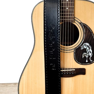 Black Personalized Adjustable Leather Guitar Strap with Hand Tooled Edge- 2.5" Wide, For Acoustic or Electric Guitars