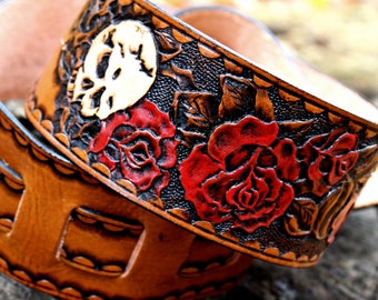 Hand Painted Skull and Rose Leather Guitar Strap - 2.5" wide Hand Tooled and Adjustable