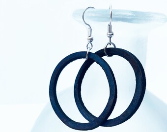 Lightweight Large Circle Hoop Leather Dangle Earrings | Minimalist Boho Jewelry