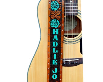 Painted Personalized Western Rose Leather Guitar Strap