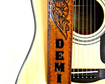 Desert Flower Personalized Leather Guitar Strap,  Western Flowers Hand Tooled Custom Acoustic and Electric Guitar Strap GRS002