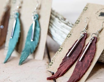 Long Leather Feather Earrings with Stainless Steel Bar | Whimsical Leather Jewelry | Boho Drop Dangle Earrings
