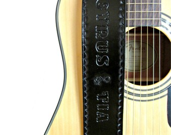 Black Personalized Adjustable Leather Guitar Strap with Hand Tooled Edge- 2.5" Wide, For Acoustic or Electric Guitars