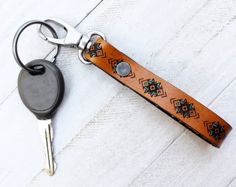 Engraved Geometric Southwestern Leather Keychain | Western Leather Key Fob | Leather Accessories | Leather Key Chain