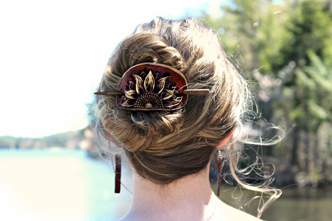 Stamped Leather Hair Barrette - Sunflower main image 1