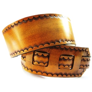 Tan Leather Guitar Strap with Hand Tooled Edge, Handmade Guitar Straps, Classic Guitar Strap