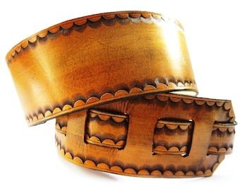 Handmade Tan Leather Guitar Strap: Hand Tooled Edge, Adjustable Length