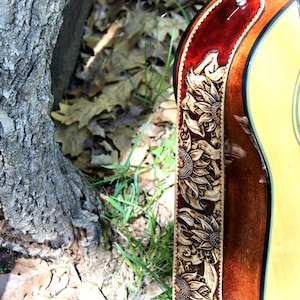Tooled Sunflower Leather Guitar Strap - Floral Guitar Strap - Electric or Acoustic Guitar Straps - Two Toned Leather Guitar Gifts image 8