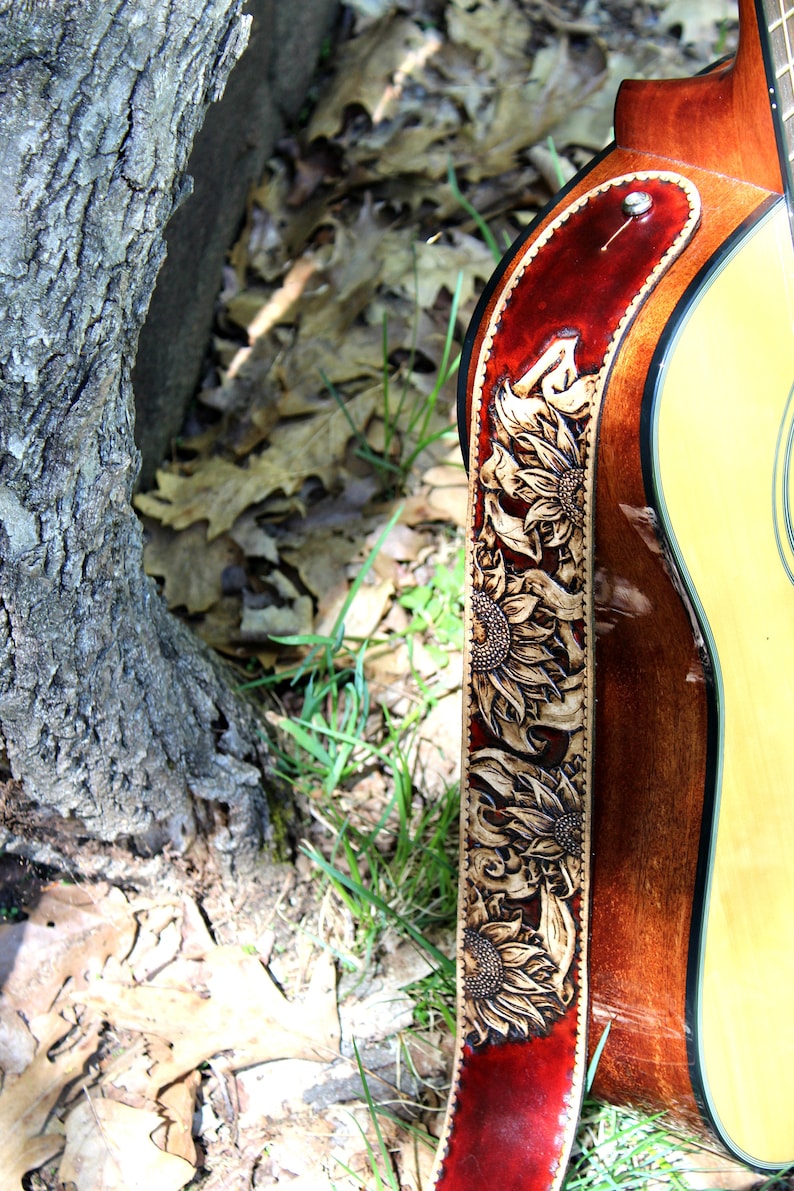 Tooled Sunflower Leather Guitar Strap - Floral Guitar Strap - Electric or Acoustic Guitar Straps - Two Toned Leather Guitar Gifts image 8