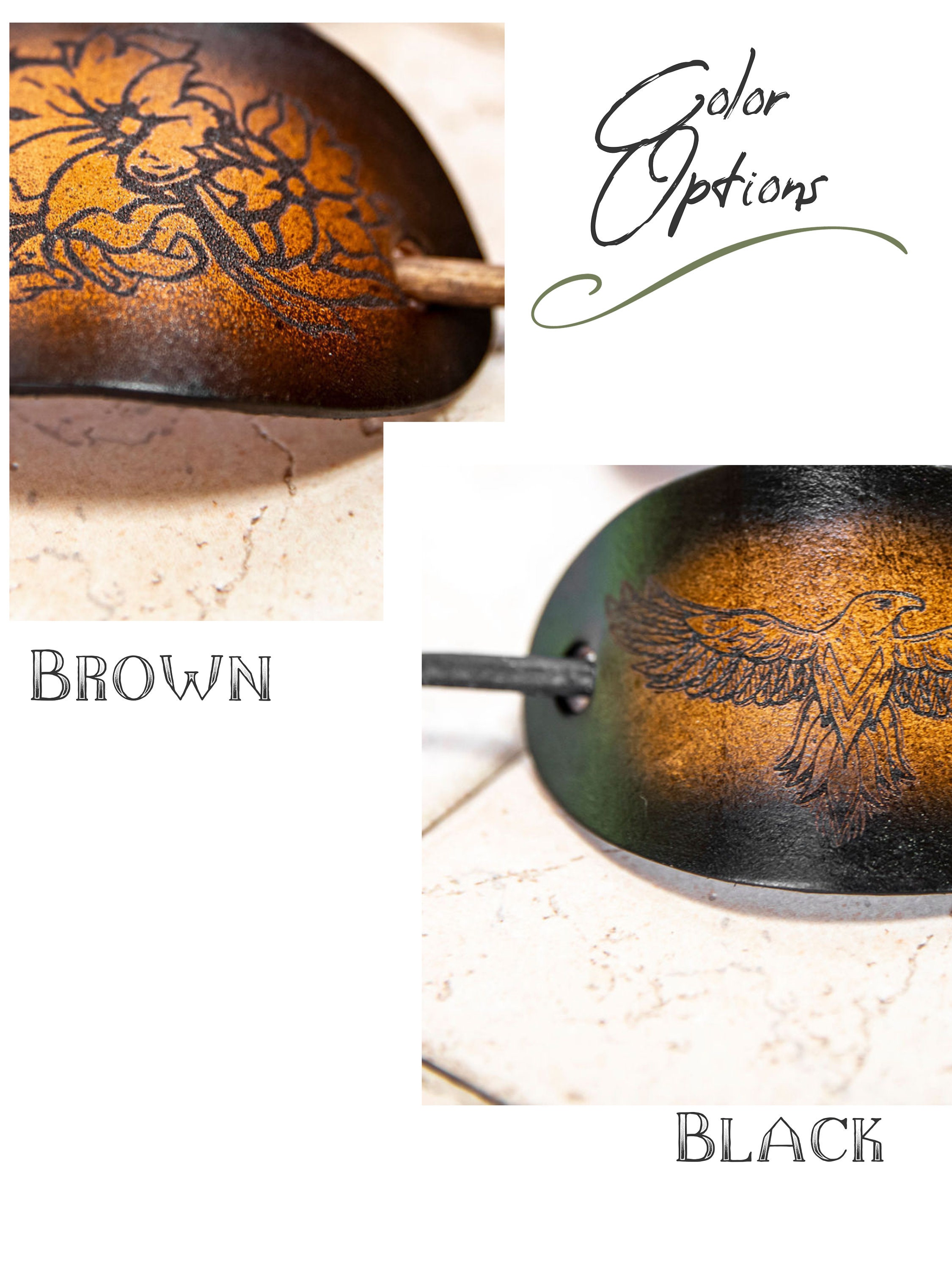 Engraved Leather Hair Barrette | Western Flower Hair Pins 