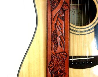 Hand Tooled Leather Dragon Adjustable Guitar Strap - 2.5" wide, For Acoustic or Electric Guitars
