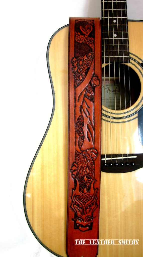 Hand Tooled Leather Dragon Adjustable Guitar Strap 2 5 Etsy