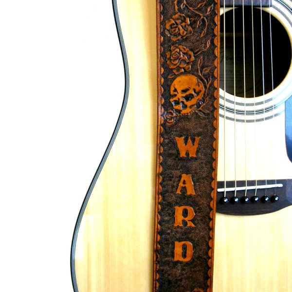 Skull and Roses Personalized Hand Tooled Leather Guitar Strap, Adjustable, 2.5" Wide, For Acoustic or Electric Guitars