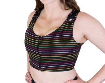 Post Surgical Comfortable Compression Front Closure Bra for Breast Augmentation | Implants | Mastectomy | Reconstruction | Midnight Stripe